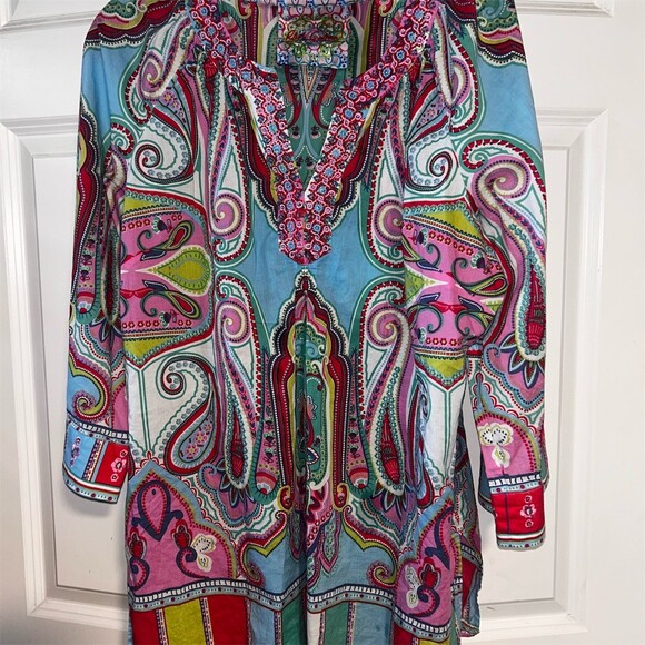 Robert Graham Tunic Blouse Womens Multicolor Paisley Beaded V-Neck